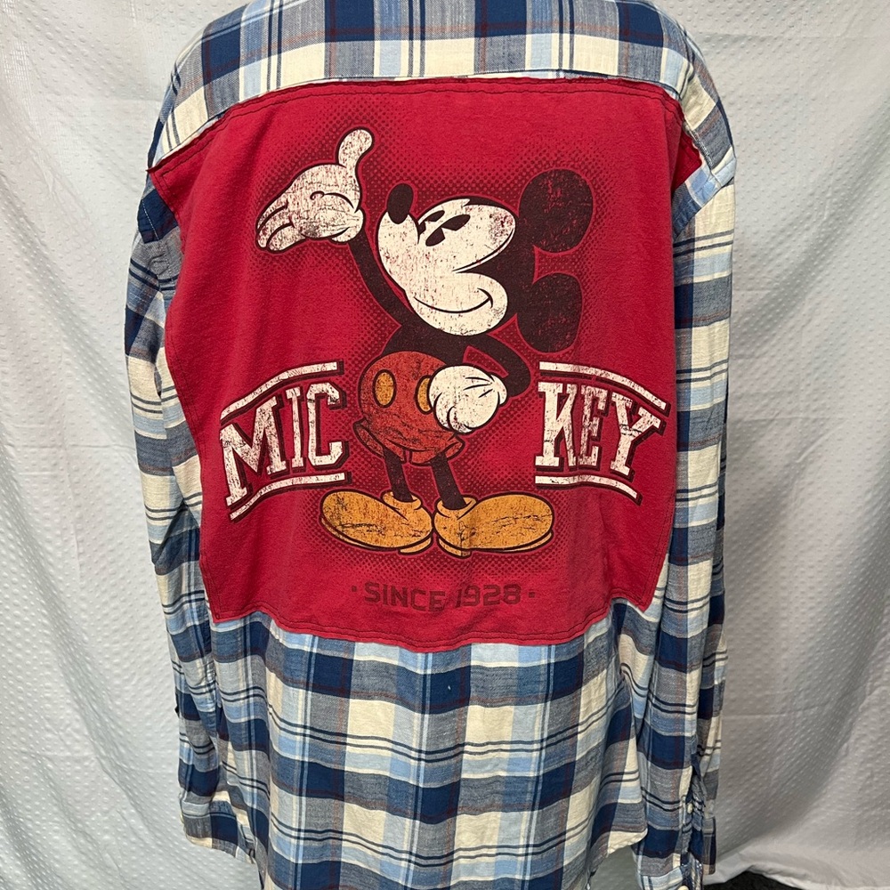 Upcycled Old Navy Blue Plaid Mickey Mouse Shirt